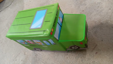 Bus-shaped toy storage box with lid and foldable feature for kids' room