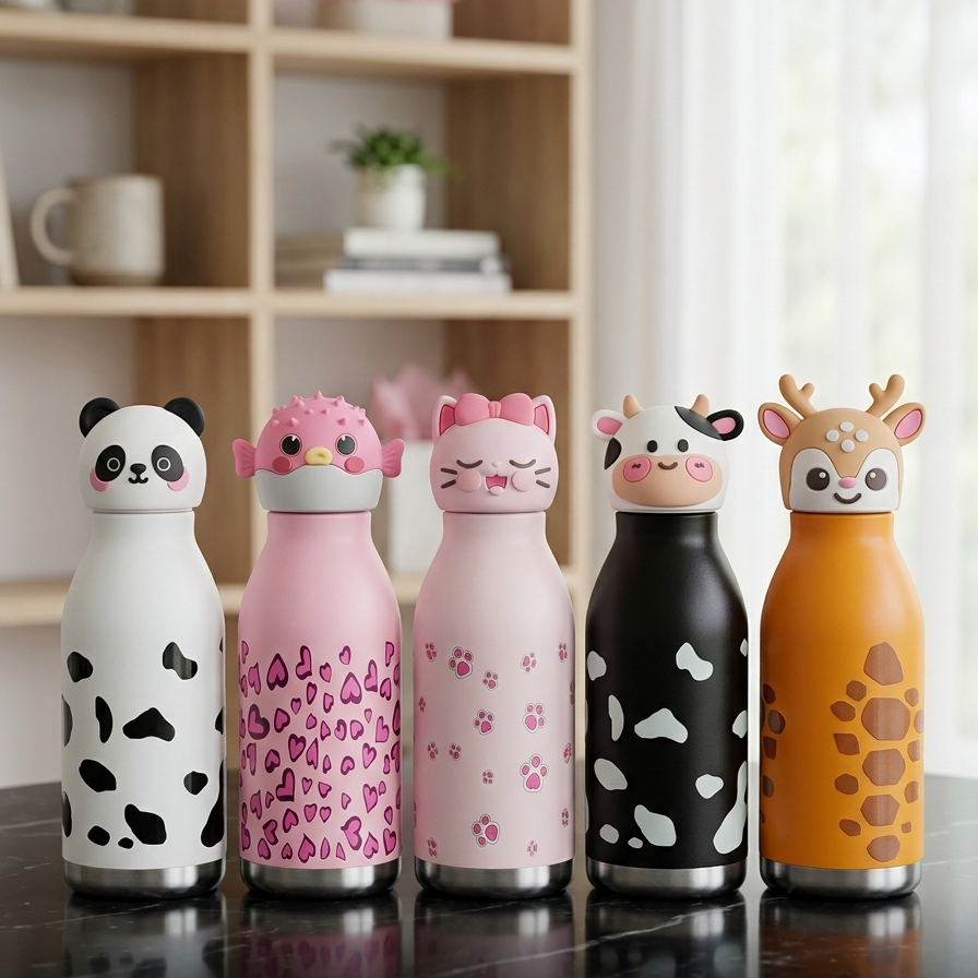 3D Animal Insulated Stainless Steel Water Bottle, 480ml, Safari Theme, Leak Proof Vacuum Flask for Kids and Adults
